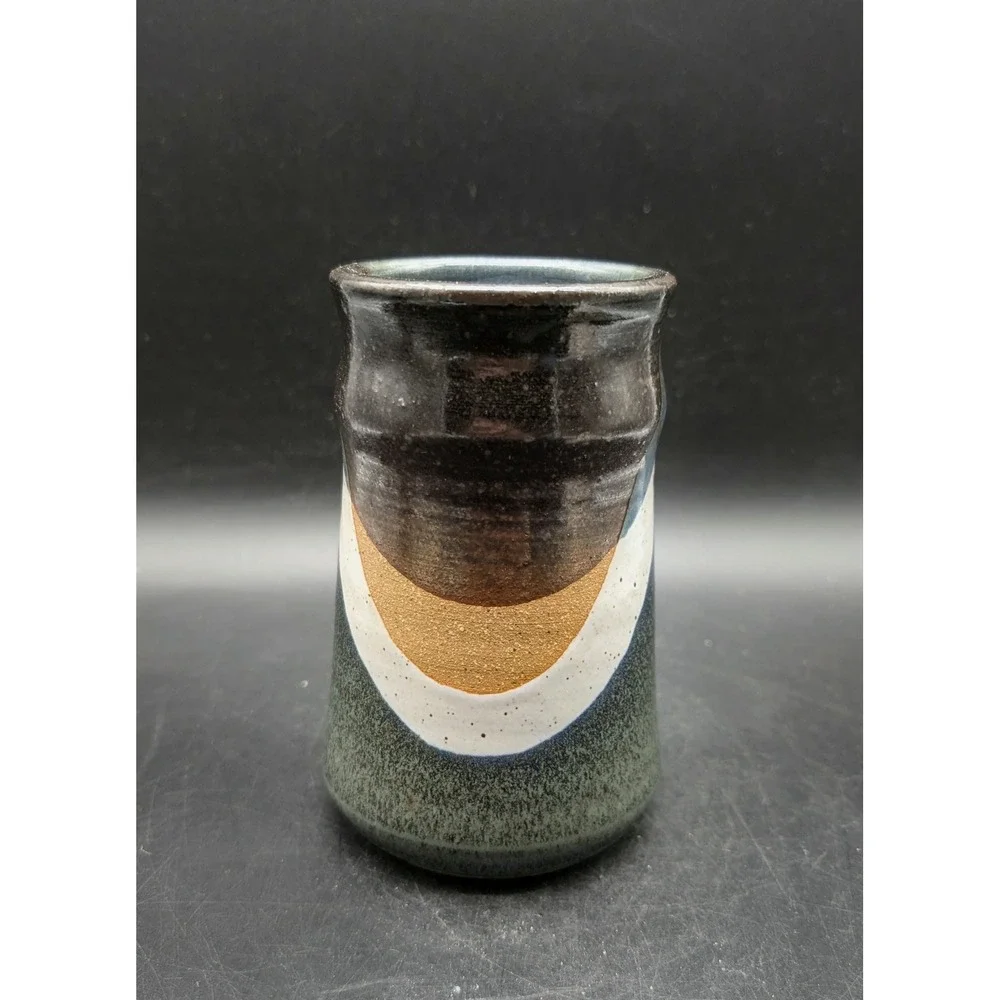 Studio Pottery Vase Abstract Multi Glaze Stoneware Vessel Signed 5.5